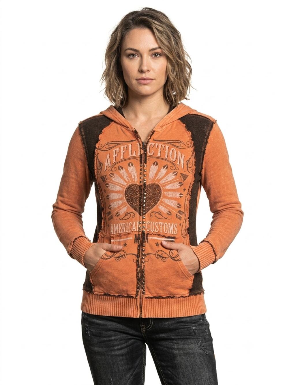 Y2K Affliction American Customs Hoodie Womens M Orange Graphic Heart Full Zip